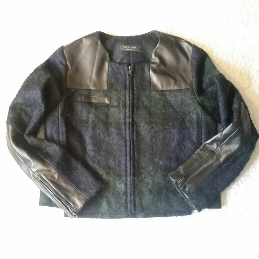 rag & bone Black and Dark Green Wool-Blend Leather-Trim Jacket